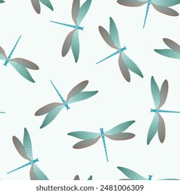 Dragonfly decorative seamless pattern. Repeating dress fabric print with flying adder insects. Garden water dragonfly vector wallpaper. Wildlife beings seamless. Damselflies with wings.