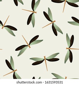 Dragonfly decorative seamless pattern. Spring dress textile print with flying adder insects. Flying water dragonfly vector illustration. Wildlife creatures seamless. Damselfly silhouettes.