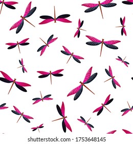 Dragonfly decorative seamless pattern. Spring clothes fabric print with damselfly insects. Isolated water dragonfly vector ornament. Nature creatures seamless. Damselfly bugs.