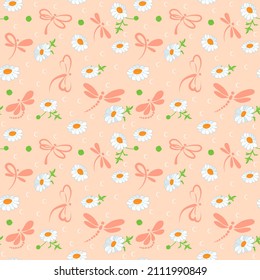 Dragonfly design seamless, endless pattern. Texture, fabric.
Hand drawn, colored silhouette dragonfly and daisy, flower. Flat vector illustration, isolated objects.