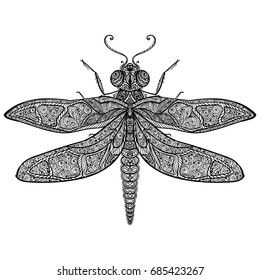 Dragonfly doodle in vector. Stylized hand drawn animal insect for coloring book page, tattoo, t-shirt, poster, invitation card, textile or paper print. Zen doodle Art. Isolated element, ethnic totem