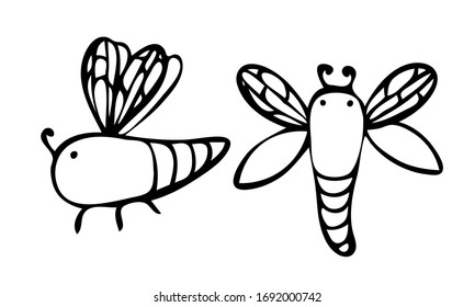  Dragonfly drawn by a line. Set of small, thick, simple dragonflies in a doodle style. Print for children's coloring, print for clothes, t-shirts, cups, postcard. Coloring. Vector. Line insect.