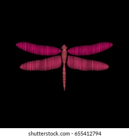 Dragonfly embroidery on a black background. Vector vintage decorative element for decoration, patches and stickers