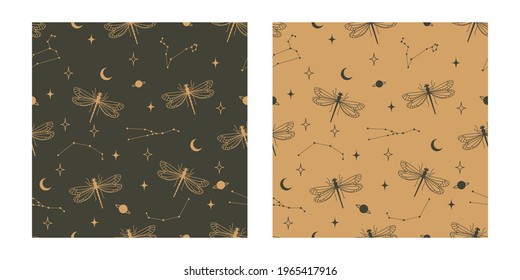 Dragonfly esoteric style seamless pattern. Flat vector design background