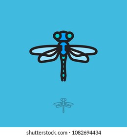  
Dragonfly flat logo. Dragonfly icon. Linear logo. Blue dragonfly on a blue background. Monochrome option.