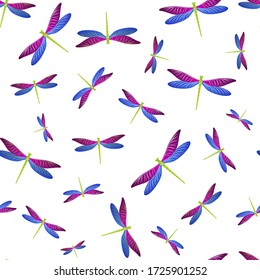 Dragonfly flat seamless pattern. Repeating dress fabric print with darning-needle insects. Garden water dragonfly vector ornament. Nature beings seamless. Damselfly silhouettes.