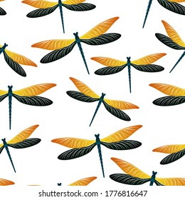 Dragonfly flat seamless pattern. Repeating clothes fabric print with darning-needle insects. Garden water dragonfly vector ornament. Wildlife organisms seamless. Damselfly silhouettes.