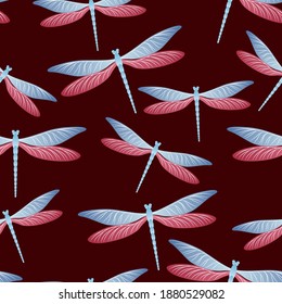 Dragonfly flat seamless pattern. Repeating dress fabric print with damselfly insects. Close up water dragonfly vector illustration. Nature creatures seamless. Damselfly bugs.