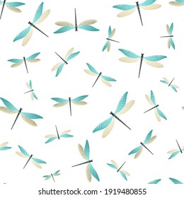 Dragonfly flat seamless pattern. Repeating dress fabric print with flying adder insects. Graphic water dragonfly vector illustration. Fauna organisms seamless. Damselflies with wings.