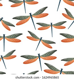 Dragonfly flat seamless pattern. Spring dress textile print with darning-needle insects. Flying water dragonfly vector background. Nature beings seamless. Damselflies with wings.
