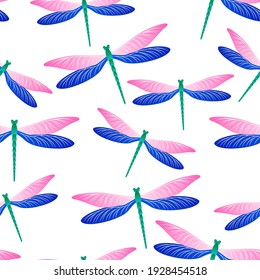 Dragonfly flat seamless pattern. Spring dress fabric print with darning-needle insects. Isolated water dragonfly vector ornament. Nature breathers seamless. Damselfly butterflies.