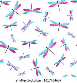 Dragonfly flat seamless pattern. Summer clothes fabric print with damselfly insects. Graphic water dragonfly vector wallpaper. Nature beings seamless. Damselfly butterflies.