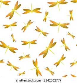 Dragonfly flat seamless pattern. Summer dress textile print with flying adder insects. Close up water dragonfly vector background. Wildlife beings seamless. Damselfly bugs.