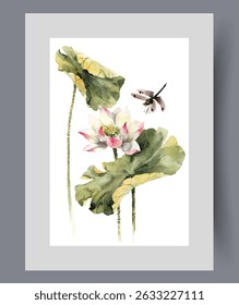 Dragonfly flies over blooming flower and two large petals on print. Watercolor poster. Artwork with flower growing in marshy area and beautiful dragonfly in frame with decor for wall art