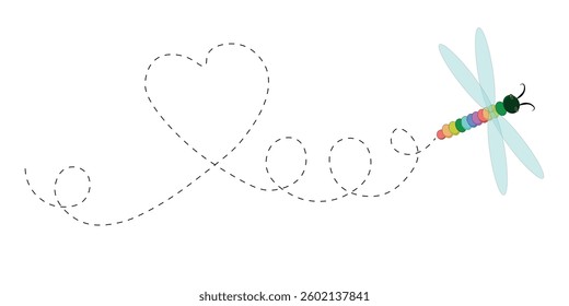 Dragonfly in flight, flying along the trajectory of love. Heart-shaped flight. Colorful rainbow dragonfly of love