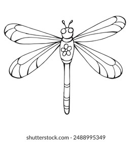 Dragonfly in flight with wings spread, black contour on white. Simple minimalistic vector hand drawing 