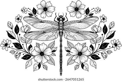 Dragonfly and Floral Arrangement Intricate Black and White Line Art Design Nature Inspired Illustration Detailed Insect Motif
