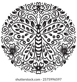 Dragonfly with floral pattern. Vector illustration. Black and white.