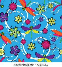 Dragonfly and flower seamless background
