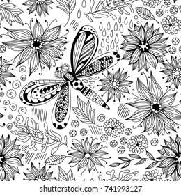 Dragonfly and flowers doodle seamless pattern, element for design.