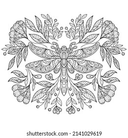 Dragonfly and flowers hand drawn for adult coloring book