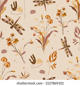 Dragonfly with flowers minimalist seamless pattern. Botanical contemporary texture. Vector illustration