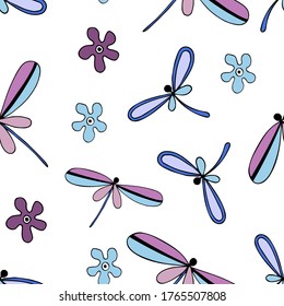 Dragonfly and flowers pattern. Vector Image. Illustration