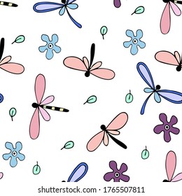 Dragonfly and flowers pattern. Vector Image. Illustration