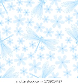 Dragonfly, flowers seamless pattern. Hand drawn doodle. Vector illustration on a white background. For fabrics, wrapping paper.