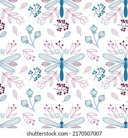 Dragonfly and flowers. Seamless pattern for sewing women clothing. Printing on fabric and packaging.