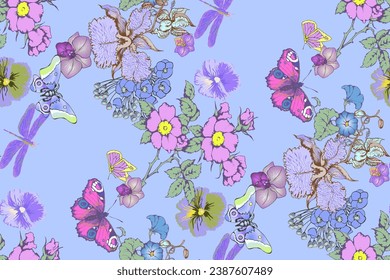 Dragonfly and flowers seamless pattern. Vector illustration. Suitable for fabric, mural, wallpapers, wrapping paper and the like