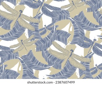 Dragonfly and flowers seamless pattern. Vector illustration. Suitable for fabric, mural, wallpapers, wrapping paper and the like