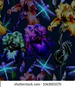 Dragonfly and Flowers. Vector Seamless Pattern. Dark blue backgrounds. Summer night.
