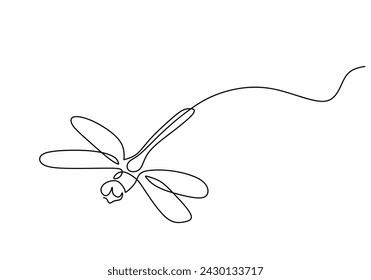 Libélula volando en dibujo de una línea continua. Ilustración vectorial floral y de fauna trazo editable.