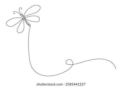 Dragonfly Flying Continuous One Line Drawing. Dragonfly Simple Black One Line Silhouette on White Background. Concept for Minimalist Design. Vector Illustration