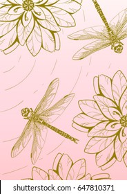 Dragonfly flying over a pond with lilies.Contour image. Floral background for card, invitation, wallpaper, web design, fabric, wrapping paper.
