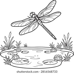 Dragonfly Flying Over Pond with Water Lilies Coloring Page Vector