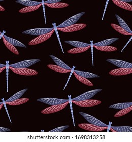 Dragonfly funky seamless pattern. Spring clothes textile print with damselfly insects. Flying water dragonfly vector background. Nature breathers seamless. Damselflies with wings.