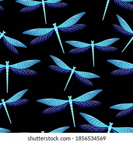 Patrón sin fisuras de la libélula. Papel de tela de la ropa de primavera con insectos de aguja. Cierre el fondo de pantalla del vector de la libélula de agua. Seres de vida silvestre sin fisuras. Siluetas de Damselfly.