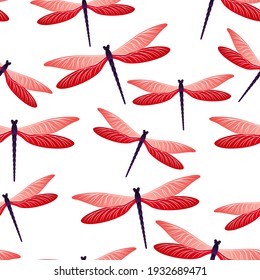 Dragonfly funky seamless pattern. Spring dress textile print with damselfly insects. Graphic water dragonfly vector illustration. Wildlife breathers seamless. Damselfly bugs.