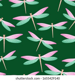 Dragonfly funky seamless pattern. Summer dress textile print with darning-needle insects. Close up water dragonfly vector wallpaper. Wildlife creatures seamless. Damselfly butterflies.