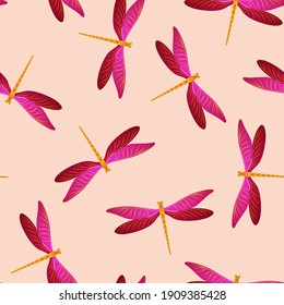 Dragonfly funky seamless pattern. Summer clothes textile print with darning-needle insects. Flying water dragonfly vector background. Nature breathers seamless. Damselfly bugs.