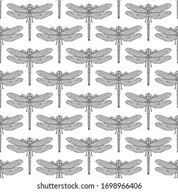 Dragonfly geometric drawing black vector pattern on white background.