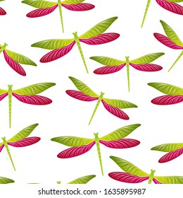 Dragonfly girlish seamless pattern. Repeating clothes textile print with damselfly insects. Garden water dragonfly vector ornament. Nature organisms seamless. Damselflies with wings.