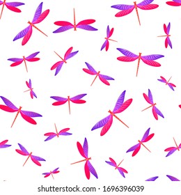 Dragonfly girlish seamless pattern. Repeating clothes fabric print with darning-needle insects. Graphic water dragonfly vector ornament. Nature creatures seamless. Damselfly silhouettes.
