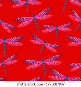 Dragonfly girlish seamless pattern. Repeating clothes textile print with damselfly insects. Flying water dragonfly vector wallpaper. Nature breathers seamless. Damselflies with wings.