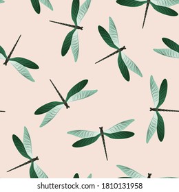 Dragonfly girlish seamless pattern. Spring clothes textile print with flying adder insects. Close up water dragonfly vector ornament. Nature beings seamless. Damselfly bugs.