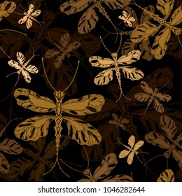 dragonfly Golden shades on black background (seamless pattern) in decorative, graphic style