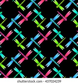 dragonfly green blue pink black seamless pattern