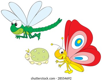 Dragonfly, greenfly and butterfly